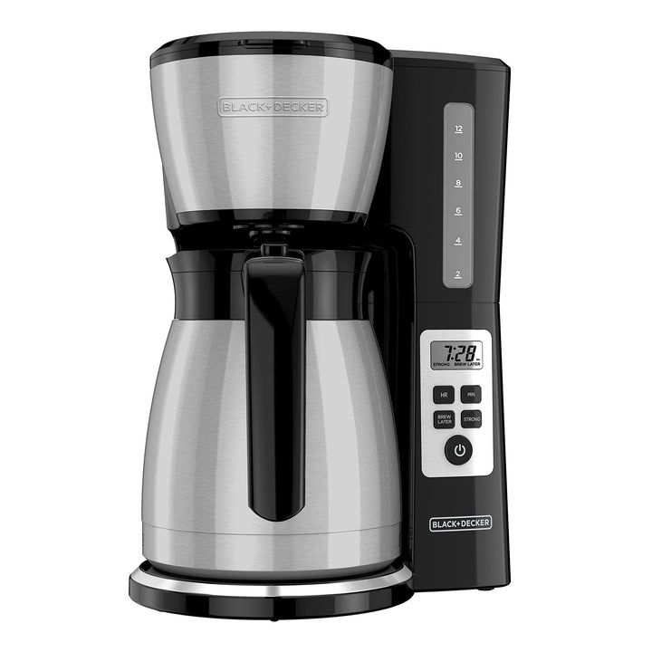 BLACK+DECKER 12-Cup Thermal Programmable Coffee maker, Brew Strength Selector, Auto-clean, Black and Silver CM2045B