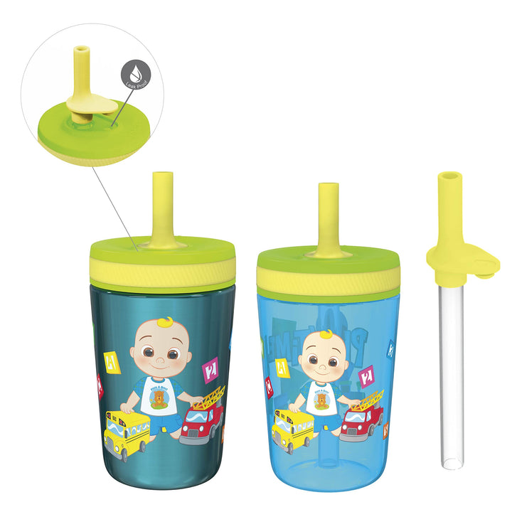 Zak Designs CoComelon Kelso Tumbler Set, Leak-Proof Screw-On Lid with Straw, Bundle for Kids Includes Plastic and Stainless Steel Cups with Bonus Sipper (3pc Set, Non-BPA), 15 fluid ounces