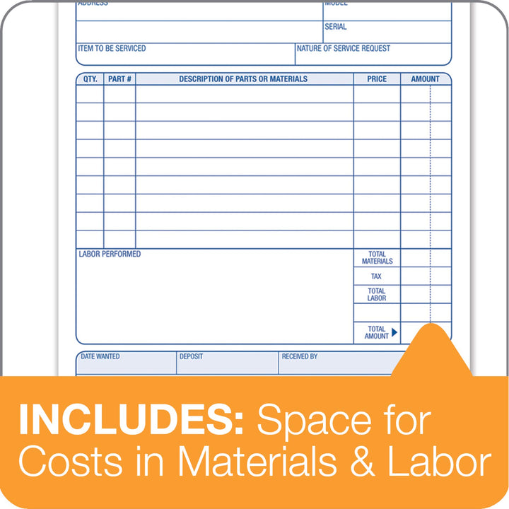 Adams Job Work Order Book, 3-Part Carbonless, White/Canary/White, 5-9/16 x 8-7/16 Inches, 33 Sets (T5868)