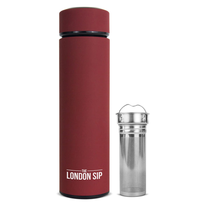 London Sip Multi-Purpose Travel Mug and Tumbler Fruit Infused Flask Hot and Cold Double Wall Stainless Steel Thermos with Extra-Long Infuser, Sacred Red 16.9 Ounces