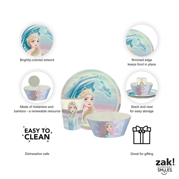 Zak Designs Disney Frozen 2 Kids Dinnerware Set 3 Pieces, Durable and Sustainable Melamine Bamboo Plate, Bowl, and Tumbler are Perfect For Dinner Time With Family (Anna, Elsa, Olaf) 8" Plate, 6" Bowl, 10oz Tumbler Frozen 2 (Anna, Elsa, Olaf)