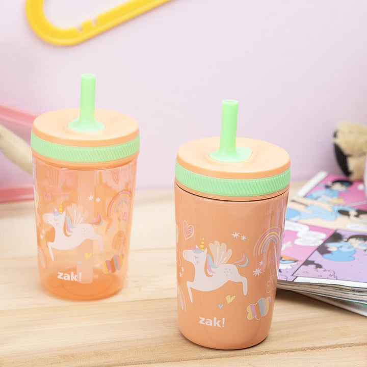 Zak Designs Unicorn Kelso Tumbler Set, Leak-Proof Screw-On Lid with Straw, Bundle for Kids Includes Plastic and Stainless Steel Cups with Bonus Sipper, 3pc Set, Non-BPA, 15 fl.oz. Classic