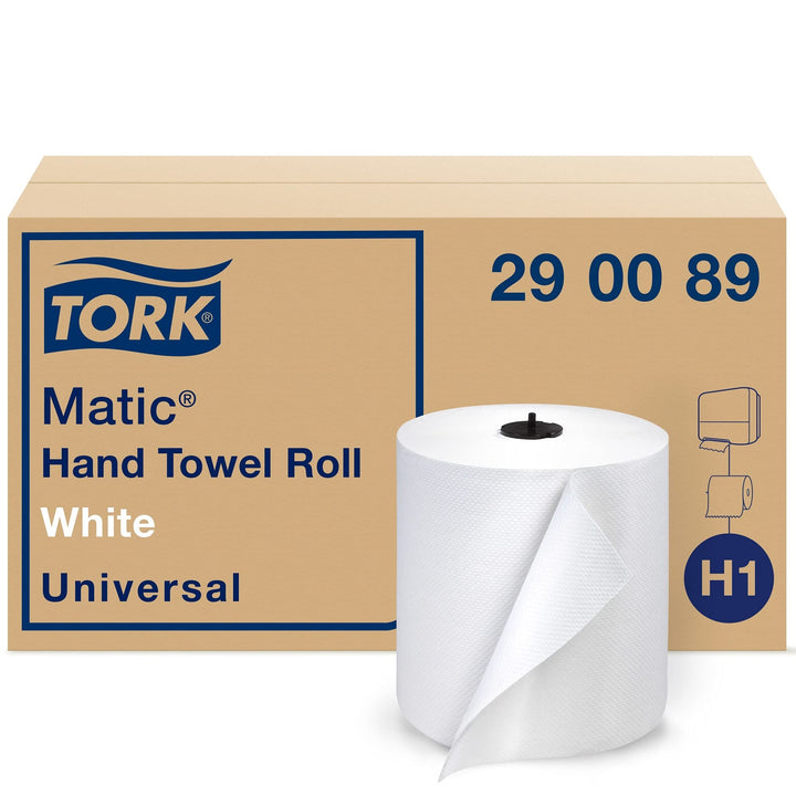 Tork Matic Paper Hand Towel Roll White H1, 6 Rolls x 700 ft, 290089 & Tork Matic Hand Towel Roll Dispenser, Black, Elevation, H1, One-at-a-Time dispensing with Refill Level Indicator, 5510282 7 Piece Set Advanced Hand Towel + Dispenser, Black