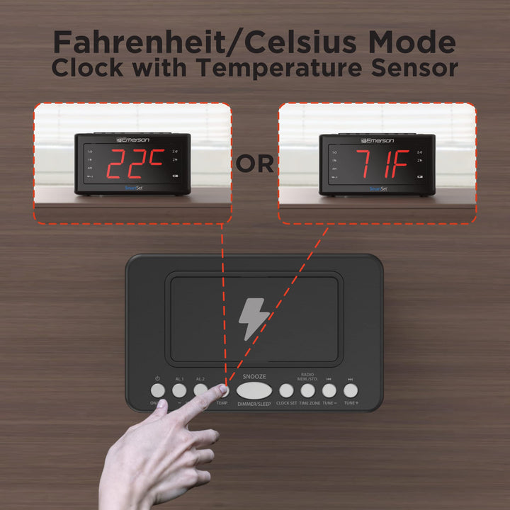 Emerson Smartset Wireless Charging Alarm Clock Radio Featuring a Large 1.4" Red LED Display and Temperature Sensor, FM Radio, Black CKSW0555