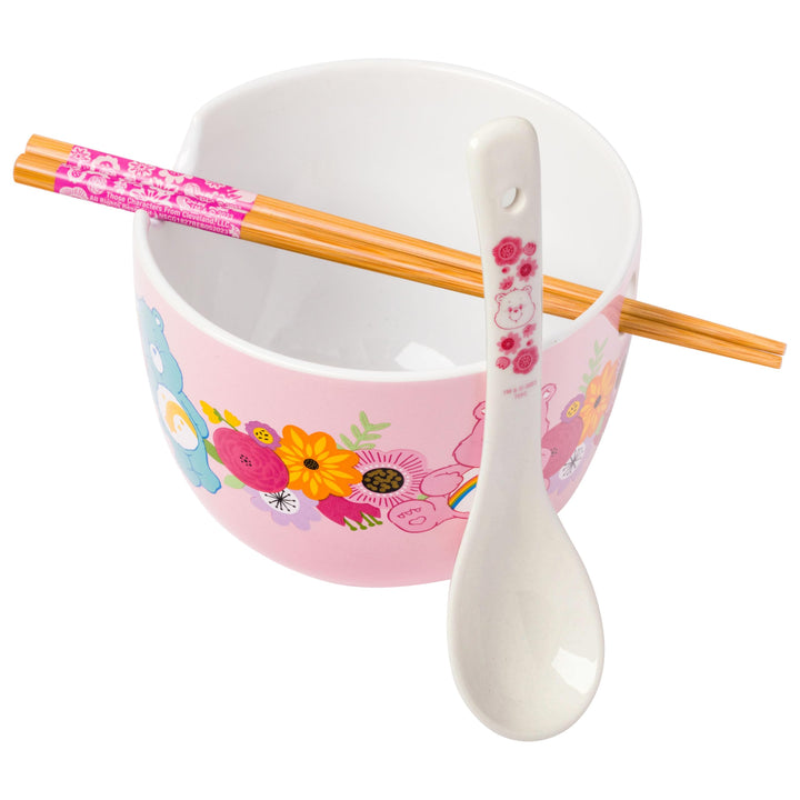 Silver Buffalo Care Bears Flash Floral Ceramic Ramen Bowl with Chopsticks and Spoon, 20 Ounces