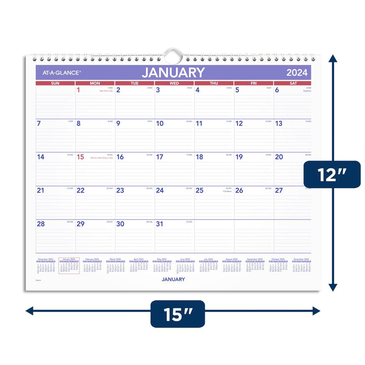 AT-A-GLANCE 2024 Wall Calendar, 15" x 12", Medium Wide, Spiral Bound, Monthly (PM82824) 2024 Old Edition