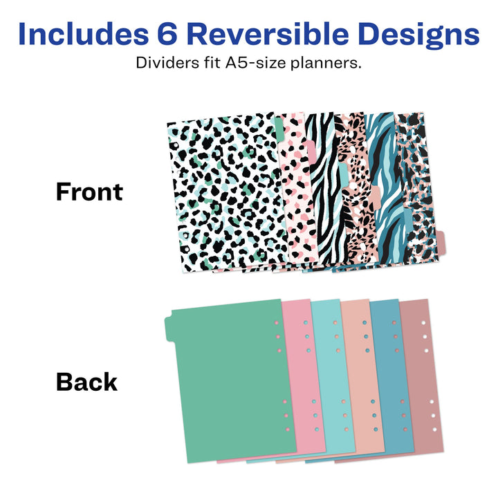 Avery Planner Dividers for A5 Planners, 6-Tab Set, Flirty Animal Print Design, 1 Set (25440)