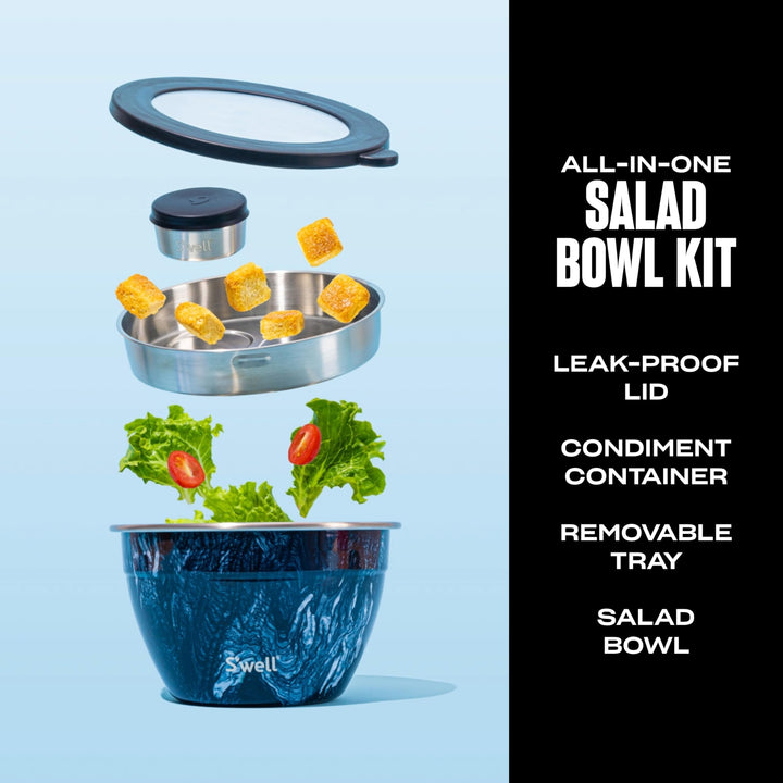 S'well Stainless Steel Salad Bowl Kit - 64oz, Azurite - Comes with 2oz Condiment Container and Removable Tray for Organization - Leak-Proof, Easy to Clean, Dishwasher Safe 64 oz Azurite Marble