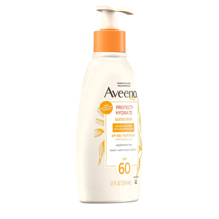 Aveeno Protect + Hydrate Moisturizing Body Sunscreen Lotion with Broad Spectrum SPF 60 & Prebiotic Oat, Weightless, Paraben-Free, Oil-Free & Oxybenzone-Free, Pump Bottle, 12.0 fl. oz