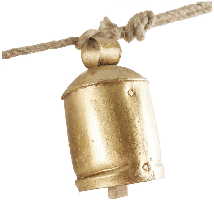 Deco 79 Gold Metal Tibetan Inspired String Hanging Decorative Bells with Jute Hanging Rope 4" x 8" x 52" - Cone 52" x 4" x 8"