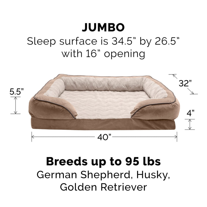 Furhaven Replacement Dog Bed Cover Perfect Comfort Plush & Velvet Waves Sofa-Style, Machine Washable - Brownstone, Jumbo (X-Large) Cover Only 40.0"L x 32.0"W x 0.3"Th Sofa - Plush & Velvet Waves (Brownstone)