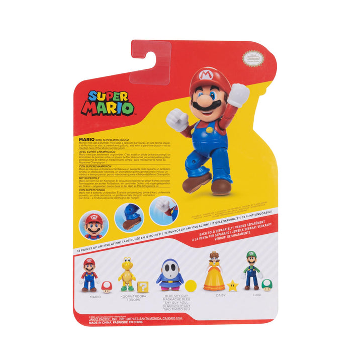 Nintendo Super Mario 4-Inch Mario Poseable Figure with Power up Mushroom Accessory. Ages 3+ (Officially licensed)