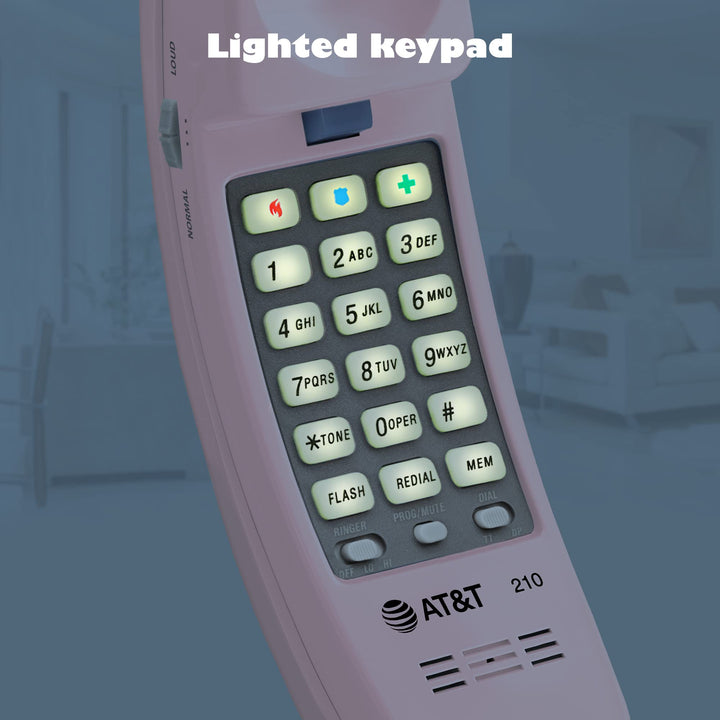 AT&T TRIMLINE 210 Corded Home Phone, No AC Power Required, Improved Easy-wall-mount, Lighted Big Button Keypad, 13 SpeedDial Keys, Last Number Redial, Mute, Flash, Volume Control, Princess Phone, PINK