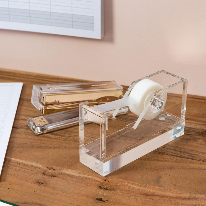 russell+hazel Acrylic Tape Dispenser, Clear with Gold-Toned Hardware, 1-13/16” x 6” x 3-3/8” (31734) Weighted Tape Dispenser