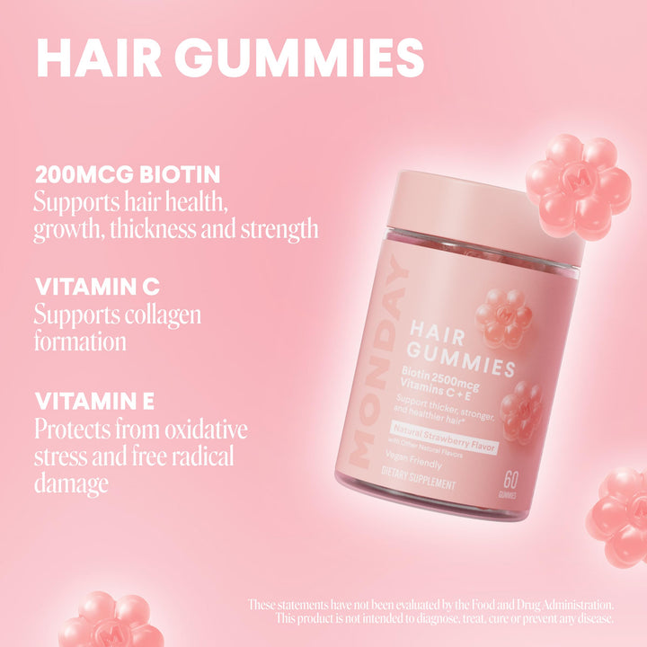 MONDAY HAIRCARE Volume Shampoo and Conditioner Set 12oz for Thin, Fine and Oily Hair + Hair Gummies for Thicker and Stronger Hair (60 count) Strawberry Flavored