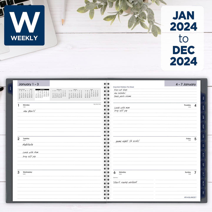 AT-A-GLANCE 2024 Weekly & Monthly Planner, DayMinder, 8-1/2" x 11", Large, Spiral Bound, Monthly Tabs, Gray (GC5450724) 2024 Old Edition