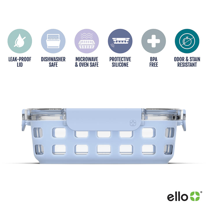 Ello Duraglass Meal Prep Container, 3.4 cup- Glass Food Storage Container with Silicone Sleeve and Airtight BPA-Free Plastic Lid, Dishwasher, Microwave, and Freezer Safe, Halogen Blue