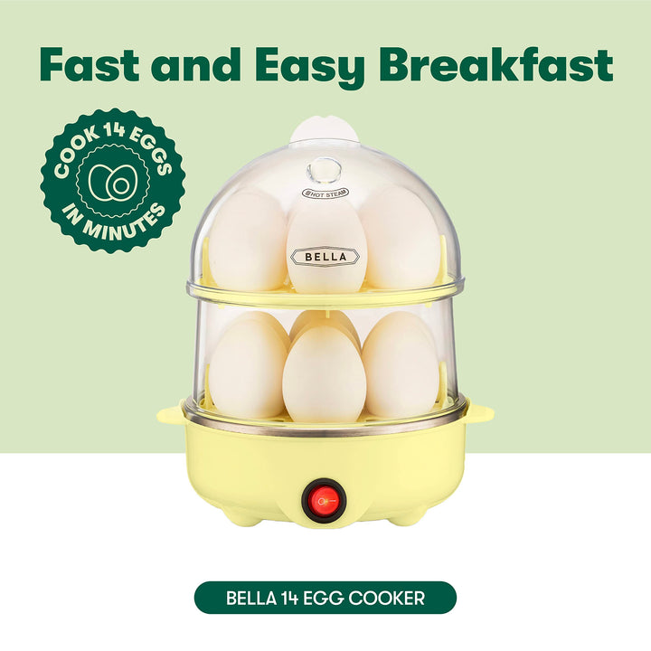 BELLA Rapid Electric Egg Cooker and Poacher with Auto Shut Off for Omelet, Soft, Medium and Hard Boiled Eggs - 14 Egg Capacity Tray, Double Stack, Yellow