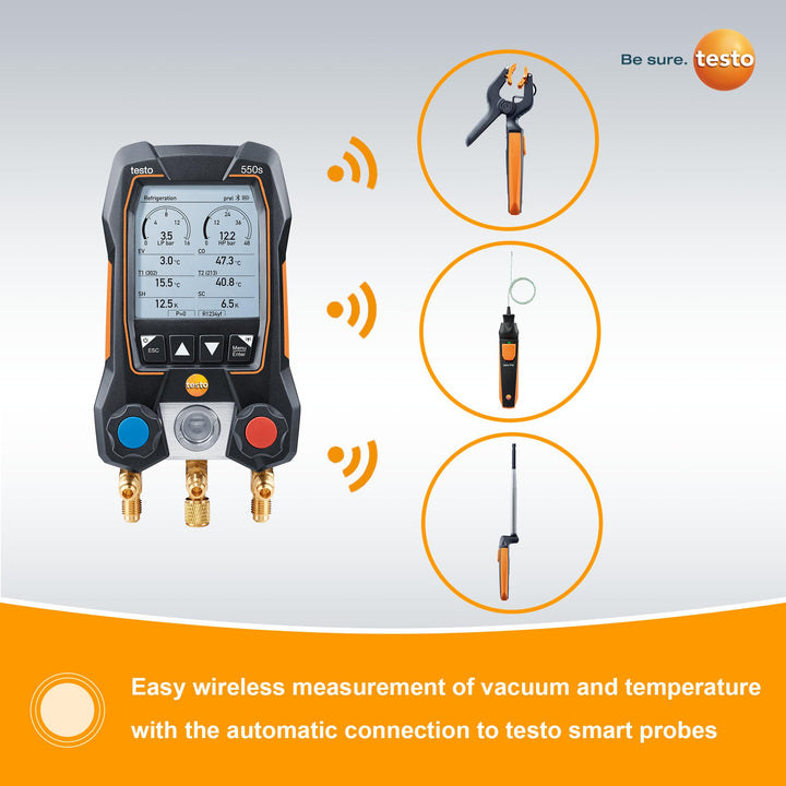 testo 557s AC Manifold Gauge Set – AC Recharge Kit with 2x testo 115i Pipe Clamp Thermometer, 1x testo 552i Micron Gauge, and 4x Hoses – AC Gauge Set with Bluetooth Vacuum Kit with 4 Hoses