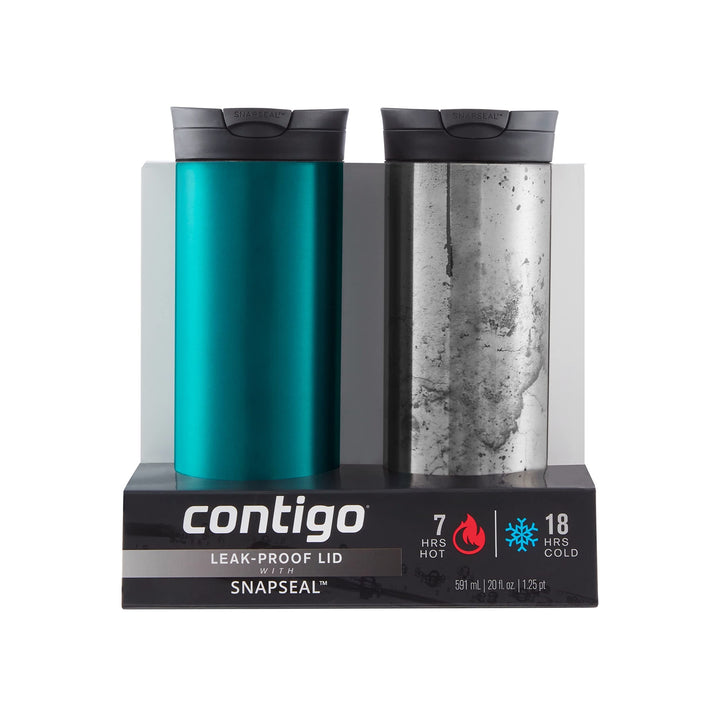 Contigo Huron Vacuum-Insulated Stainless Steel Travel Mug with Leak-Proof Lid, Keeps Drinks Hot or Cold for Hours, Fits Most Cup Holders and Brewers, 20oz 2-Pack, Spirulina & Polished Concrete 20oz 2 Pack