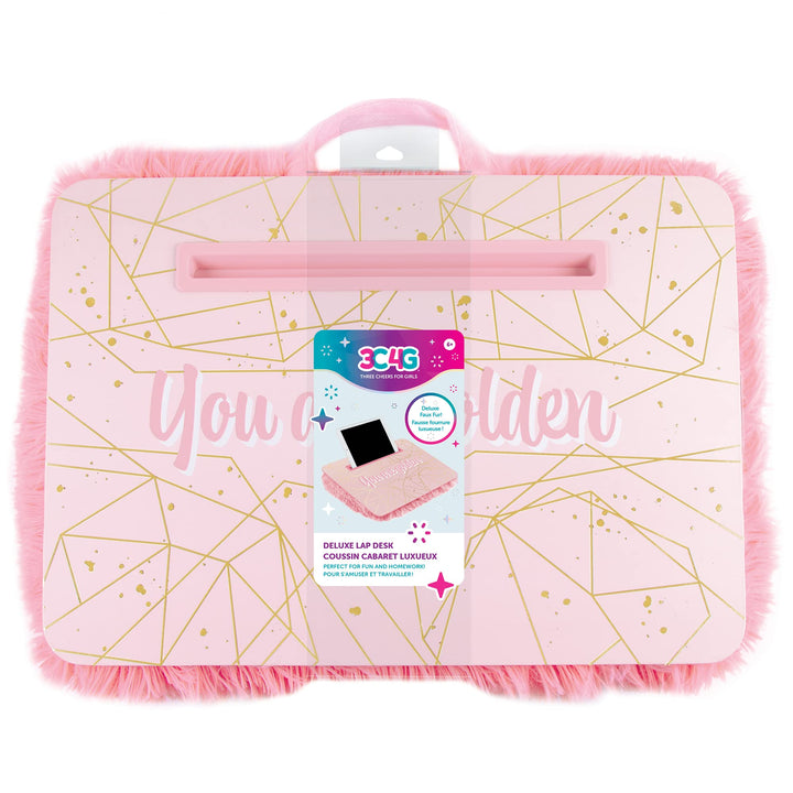 3C4G THREE CHEERS FOR GIRLS Make It Real Pink & Gold Deluxe Fur Lap Desk, Take Tech on The Go, Includes a Media Slot That Perfectly Holds Tablets & Phones, for Ages 6 and up Pink & Gold Fur