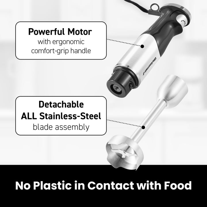 Elite Gourmet EHB1062 Variable Step-less Speed Immersion Hand Blender 500 Watts with Turbo, Stainless Steel Blades, Pressure Controlled Stick Mixer, Sauces, Soup, Smoothies, Baby Food, Stainless Steel Stainless Steel & Black Immersion Blenders