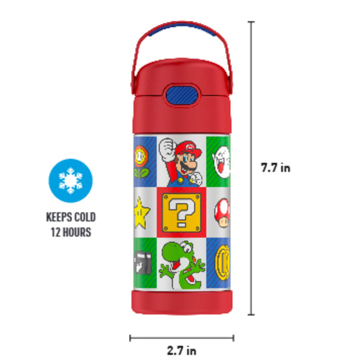 THERMOS FUNTAINER Water Bottle with Straw - 12 Ounce, Super Mario Brothers - Kids Stainless Steel Vacuum Insulated Water Bottle with Lid Licensed Characters