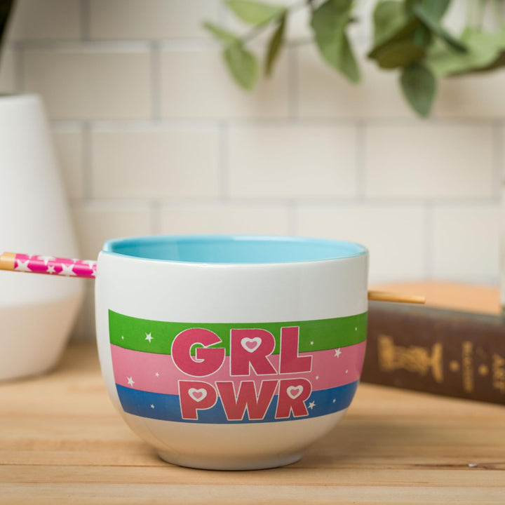 Silver Buffalo The Powerpuff Girls Rainbow Girl Power Featuring Blossom, Bubbles, and Buttercup Ceramic Ramen Noodle Rice Bowl with Chopsticks, Microwave Safe, 20 Ounces Power Puff Girls
