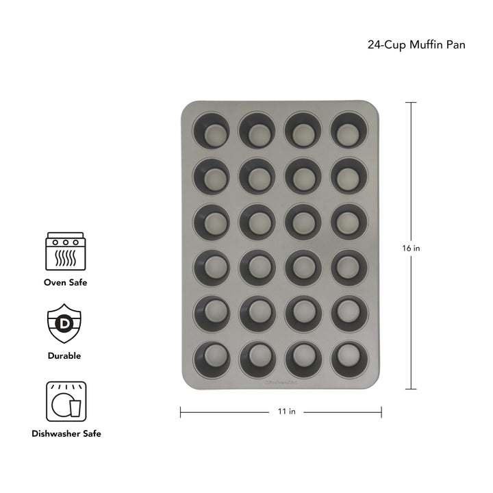 KitchenAid 24-Cup Nonstick Swiss Engineered Aluminized Steel Muffin Pan, Dishwasher Safe, Contour Silver 24 Cup