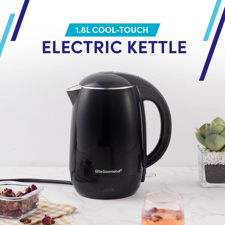 Elite Gourmet EKT1001 Electric 1.0L BPA-Free 1100W Glass Kettle Cordless 360° Base, Stylish Blue LED Interior, Handy Auto Shut-Off Function – Quickly Boil Water For Tea & More, Black 1.1 Quarts