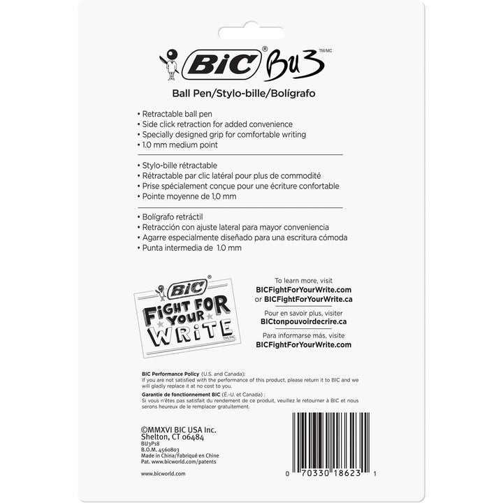 BIC BU3 Grip Retractable Ballpoint Pen, Medium Point (1.0mm), Black, Side Click Retraction For Added Convenience, 18-Count 1 Count (Pack of 18)