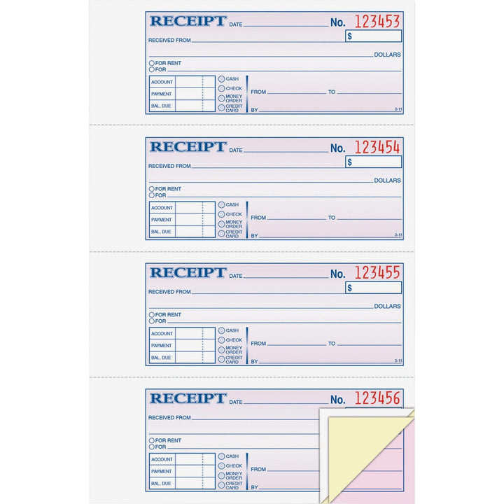 Adams Money and Rent Receipt Book, 3-Part, Carbonless, White/Canary/Pink, 7-5/8" x 10-7/8", Bound Wraparound Cover, 100 Sets per Book, 4 Receipts per Page (TC1182) 1