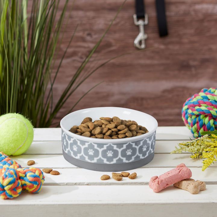 Bone Dry Lattice Pet Bowl, Removable Silicone Ring Creates Non-Slip Bottom for Secure Feeding & Less Mess, Microwave & Dishwasher Safe, Single Dish, Medium 6x2", Gray Single Dish, Medium 6x2"