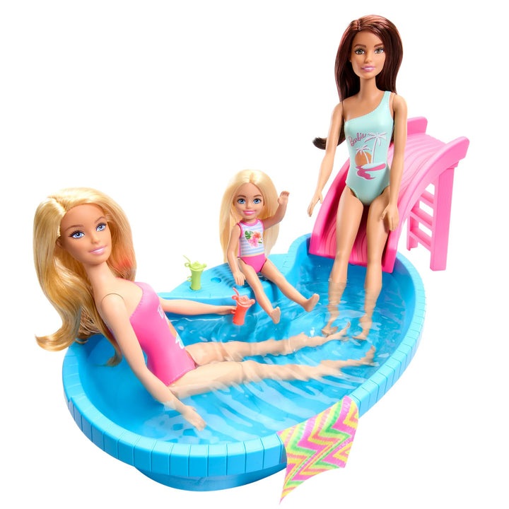 Barbie Doll & Pool Playset, Blonde in Tropical Pink One-Piece Swimsuit with Pool, Slide, Towel & Drink Accessories