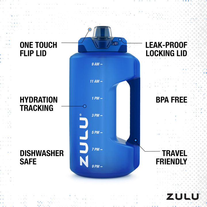 ZULU Goals 64oz Large Half Gallon Jug Water Bottle with Motivational Time Marker, Covered Straw Spout and Carrying Handle, Perfect for Gym, Home, and Sports, Royal Blue