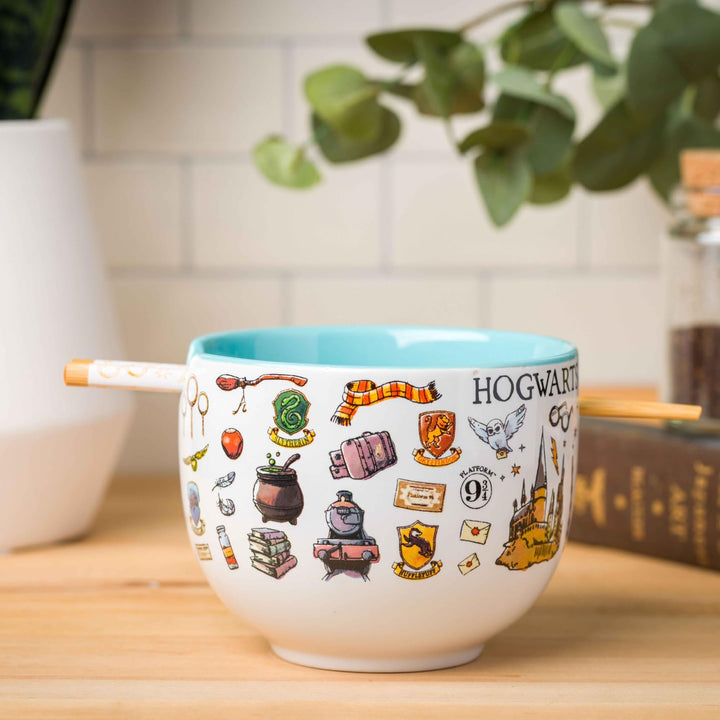 Silver Buffalo Harry Potter Icons Ceramic Ramen Noodle Rice Bowl with Chopsticks, Microwave Safe, 20 Ounces Harry Potter Hogwarts Destination