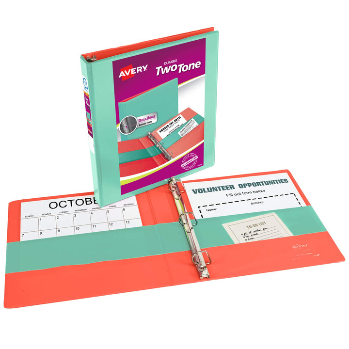 Avery(R) Two-Tone Durable View 3 Ring Binder, 1 Inch Slant Rings, 1 Mint/Coral Binder (17288)