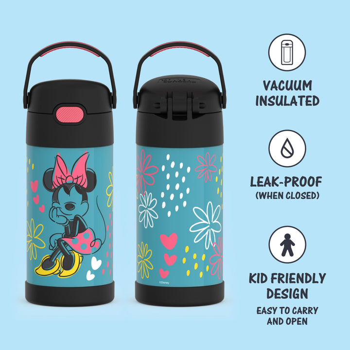 THERMOS FUNTAINER 12 Ounce Stainless Steel Vacuum Insulated Kids Straw Bottle, Minnie Mouse