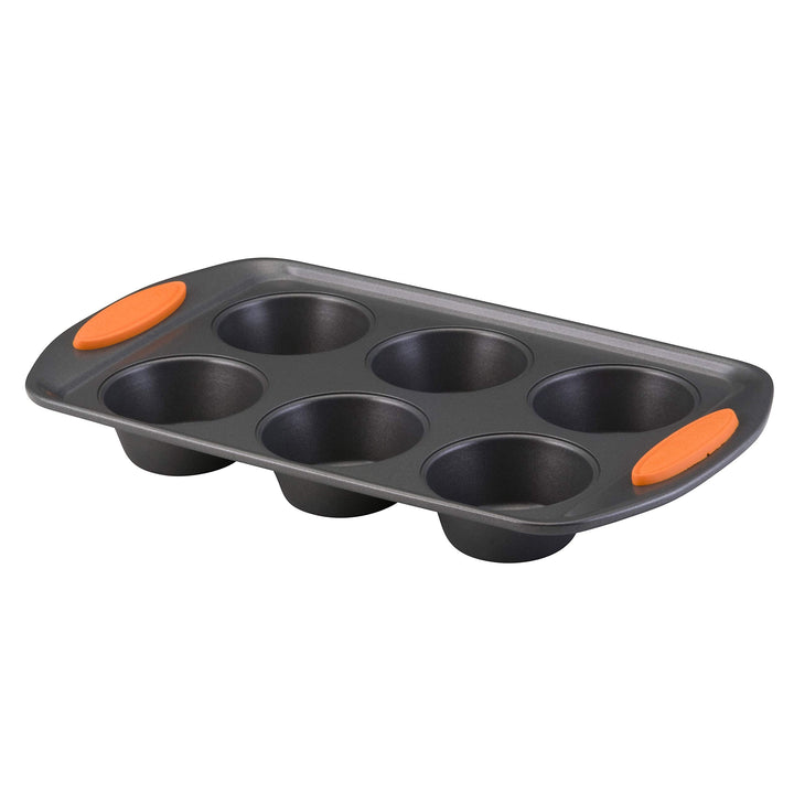 Rachael Ray Yum -o! Nonstick Bakeware 6-Cup Muffin Tin With Grips / Nonstick 6-Cup Cupcake Tin With Grips - 6 Cup, Gray Orange Grips