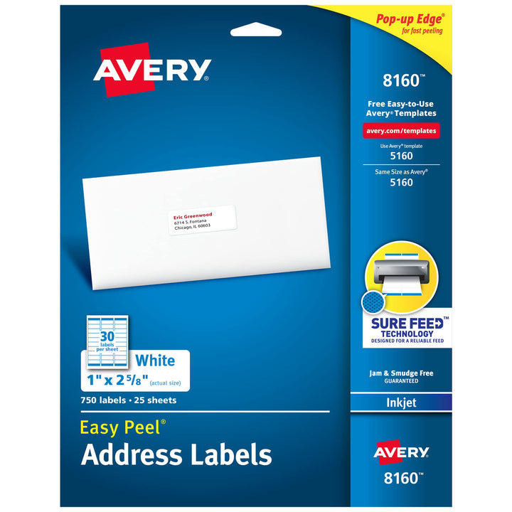 Avery Address Labels with Sure Feed for Inkjet Printers, 1" x 2-5/8", 750 Labels, Permanent Adhesive (8160) - 08160, White