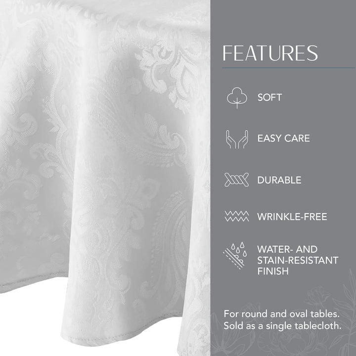 Elrene Home Fashions Caiden Elegance Damask Fabric Tablecloth, 70" Round, White Tablecloth (1)