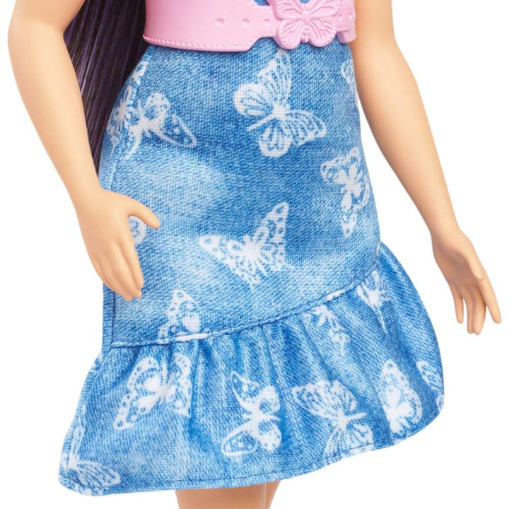 Barbie Fashionistas Doll #231 with Purple Hair, Wearing Strapless Denim Butterfly-Print Dress with Pink Belt and Boots