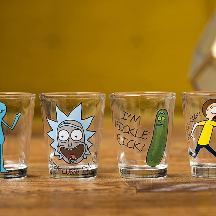 Silver Buffalo Rick and Morty Character Phrases 4-Pack Mini Glass Set, 1.5-Ounce