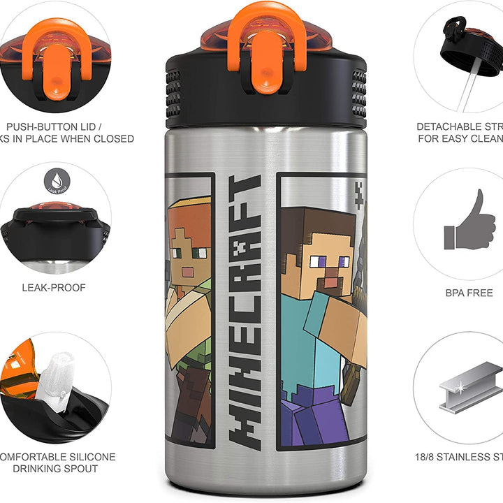 Zak Designs Minecraft - Stainless Steel Water Bottle with One Hand Operation Action Lid and Built-in Carrying Loop, with Straw Spout is Perfect for Kids (15.5 oz, 18/8, BPA-Free)