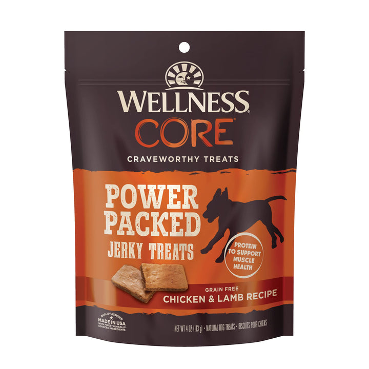 Wellness CORE Power Packed Dog Treats, Grain-Free Tender Jerky Treats, Made in USA (Chicken & Lamb Recipe, 4-Ounce Bag) Chicken & Lamb 4 Ounce (Pack of 1)