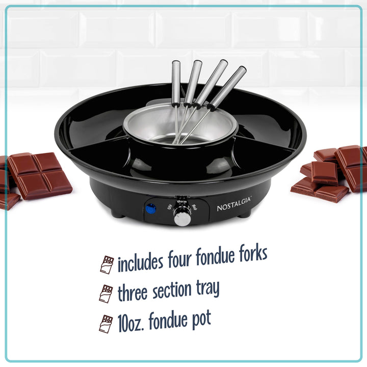 Nostalgia 10-Ounce Electric Fondue Party Set for Melted Chocolate, Cheese, Sauce, or Broth, with 3-Section Food Tray and 4 Dipping Forks, Black