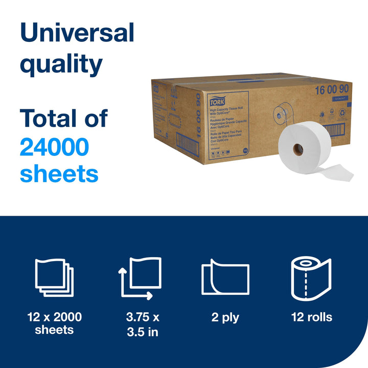 Tork OptiCore® Mid-size Toilet Paper Roll White T10, Universal, 2-ply, 12 x 2000 sheets, 160090