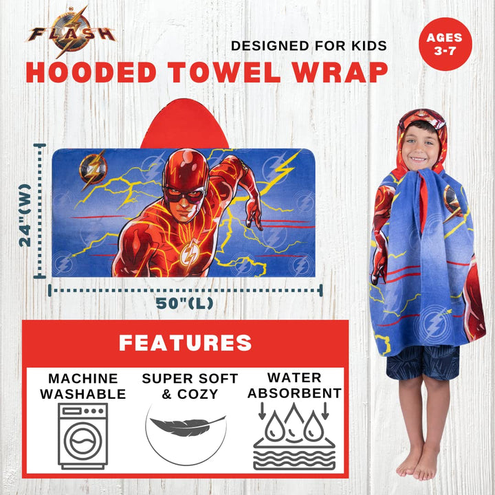 Franco WB The Flash Movie DC Comics Kids Bath/Pool/Beach Soft Cotton Terry Hooded Towel Wrap, 24 in x 50 in