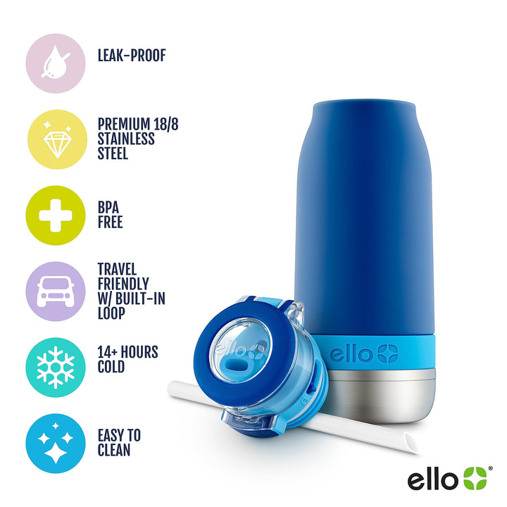 Ello Emma Vacuum Insulated Stainless Steel Water Bottle with Locking Leak Proof Lid and Soft Straw, 14oz, Touchdown Blue