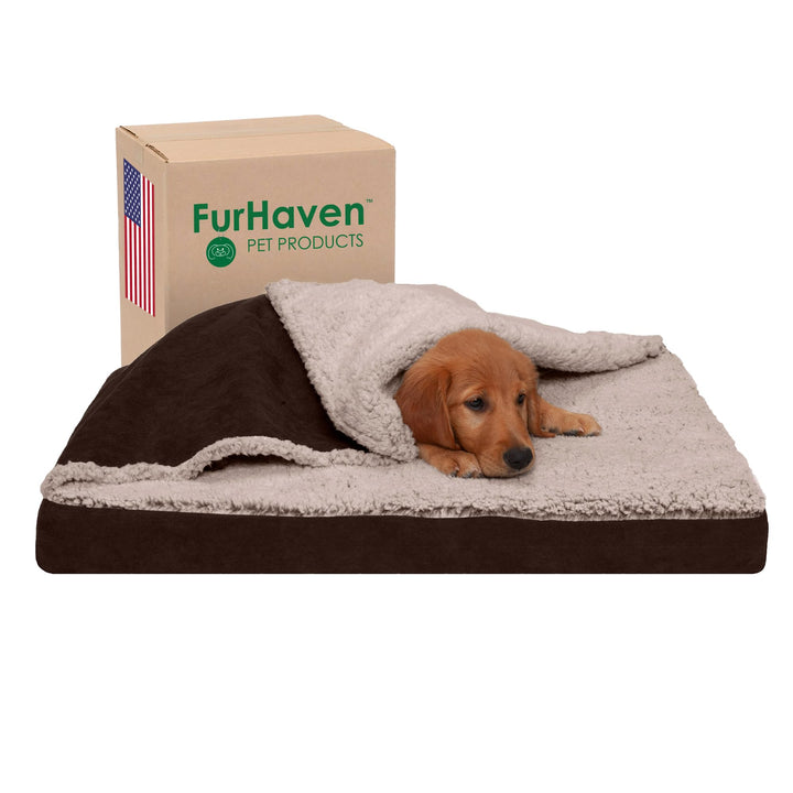 Furhaven Cooling Gel Dog Bed for Medium/Small Dogs w/ Removable Washable Cover, For Dogs Up to 35 lbs - Berber & Suede Blanket Top Mattress - Espresso, Medium